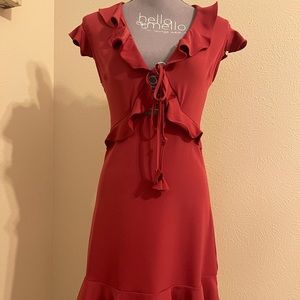She and Sky V-Neck Peekaboo Tie Front Dress w/Ruffle Details